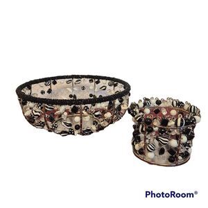 Black and White Metal Wire and Glass Beaded Bowls Baskets Made In India